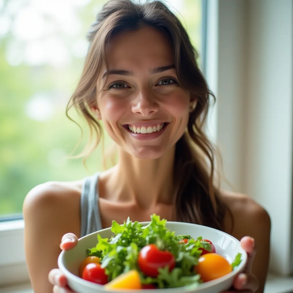 Persoană zâmbitoare cu salată